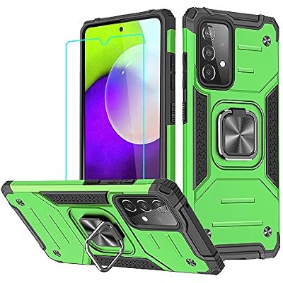 HNHYGETE Samsung A52 Case, Galaxy A52 5G Case, with HD Screen Protector, Shockproof Tough Rugged Hard Rubber Bumper with 360 Rotation Ring Kickstand Cases for Samsung Galaxy A52 5g Green