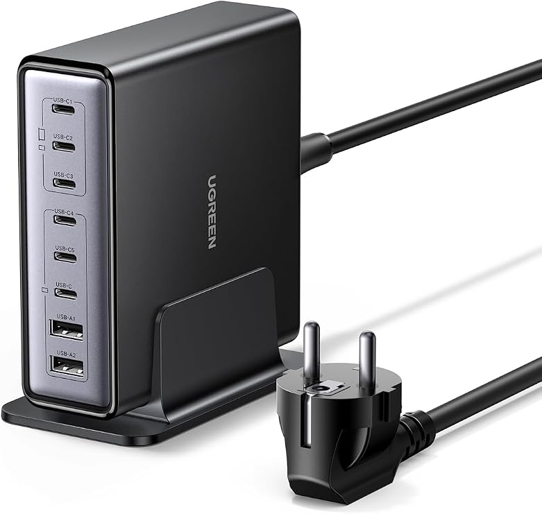 UGREEN USB C Charger 200 W 8-Port Desktop Charging Station 100 W Laptop Charger Space saving for desk multi-device charging PPS fast charger compatible with MacBook Pro/Air iPhone Galaxy etc.