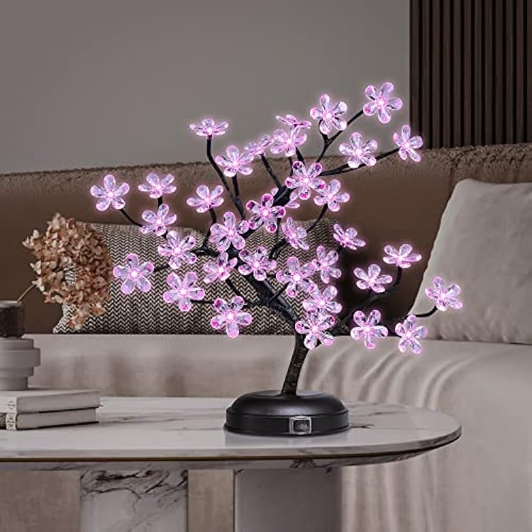 LIGHTSHARE 18-inch Crystal Flower LED Bonsai Tree, Pink Light, 36 LED Lights, Battery Powered or DC AdapterIncluded, Built-in Timer