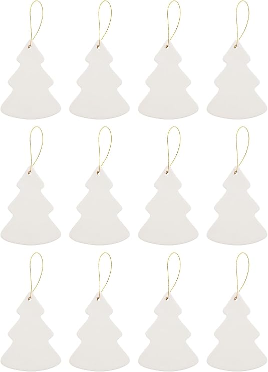Creative Hobbies Ready to Paint DIY Christmas Tree Shape Glazed Porcelain Ceramic Ornaments with Hanger for Christmas Tree and Holiday Decoration | Pack of 12
