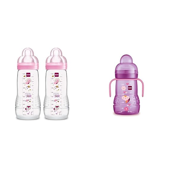 MAM Easy Active Baby Bottle 11oz, Easy Switch Between Breast and Bottle, Easy to Clean, 4+ Months & Plastic Trainer Cup (1 Count), 8 oz. Trainer Drinking Cup with Extra-Soft Spout
