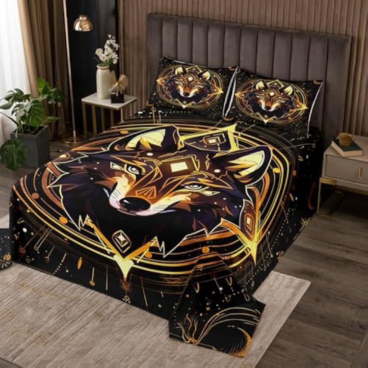Castle Fairy 3D Wild Wolf Bedspread for Kids Boys,Cartoon Animal Print Geometric Coverlet Set Bedroom Decor Soft Quilted,Circle Triangle Gold Stars Galaxy Quilt Set with 1 Pillow Sham, Twin Size
