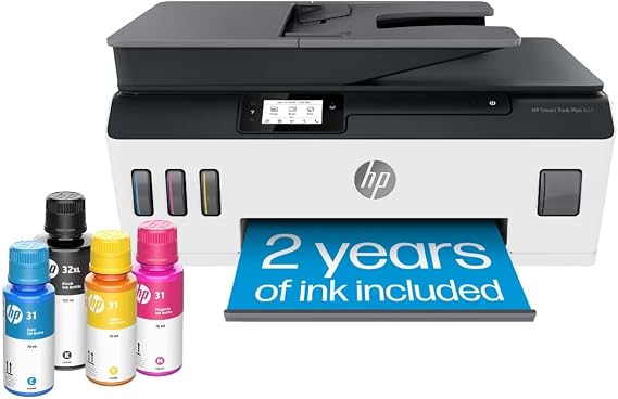 HP Smart Tank Plus 651 Wireless All-in-One Printer, Ink Tank Printer-for-Home Use, 2 Years of Ink Included Auto Document Feeder, Mobile Print, Scan, Copy, Fax. (7XV38A)