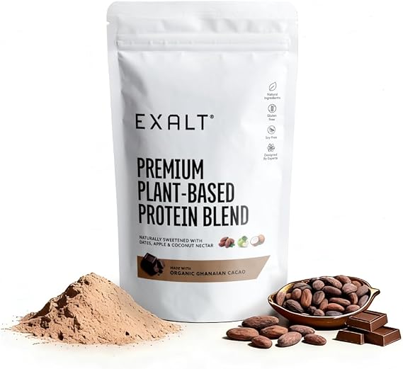 EXALT Nutrition - Vegan Protein Powder - Ghanaian Cacao - 1kg - 100% Natural - Plant Based Pea & Brown Rice Protein - Dual Release Blend - Naturally Sweetened - Free from Soy, Gluten & Dairy