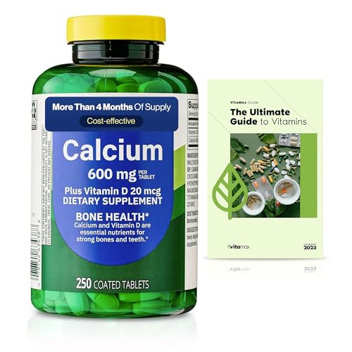 Spring Valley Calcium Plus Vitamin D Tablets Dietary Supplement, Bone Health, VIT D 20 mcg, 600 mg, 250 Count  Exclusive VitaMax Vitamin Guide 2 Items
