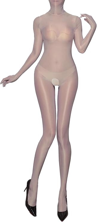Lejafay Women Nylon Sheer Full Bodystocking Ultrathin Glossy Bodysuit with 5 Finger Gloves Toes Hood
