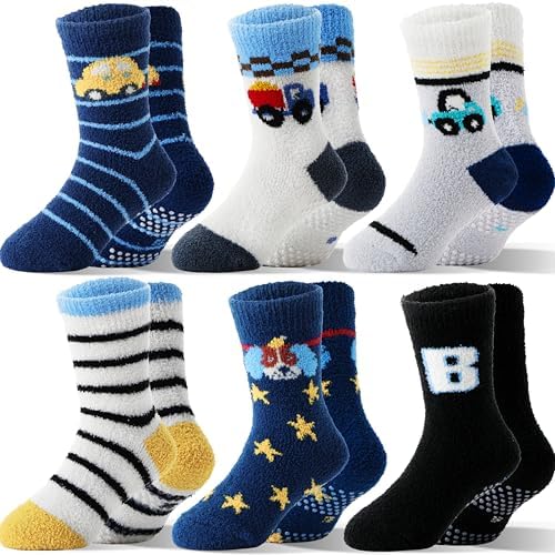 MOGGEI Kids Boys Toddlers Fuzzy Slipper Grips Socks Non Slip Warm Winter Fluffy Cozy Thick Fun Crew Gripper Socks 6 Pairs