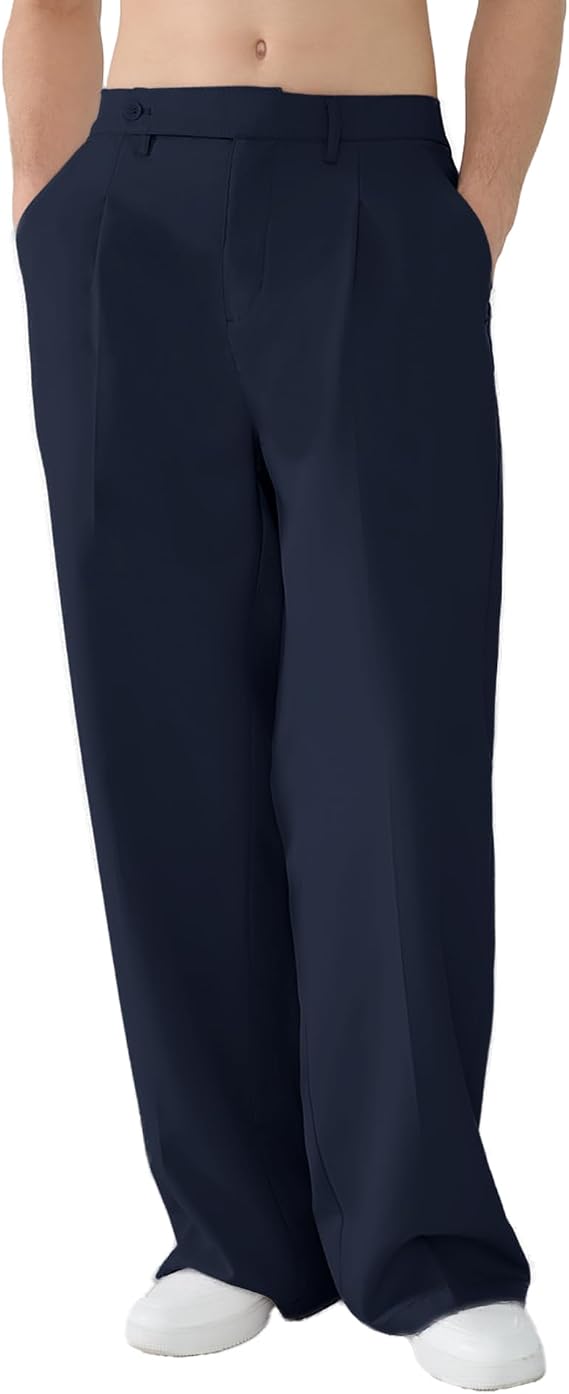 Susclude Mens Casual Dress Pants Pleated Old Money Wide Leg Baggy Pants Fall Relaxed Fit Slacks Work Trousers Navy Blue