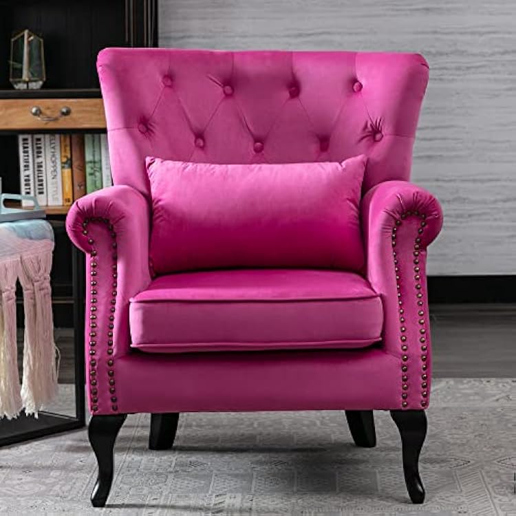 Kmax Velvet Tufted Accent Chair Mid Century Throne Chair Comfy Sofa Chair Padded Seating WingBack Unique Wood Legs Home Club Bedroom Living Room, Rose