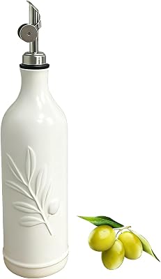 20 Oz Ceramic Olive Oil Dispenser Bottle, with Stainless Steel Spout & Funnel, Ideal for Oil, Vinegar, Coffee Syrup & Liquids White