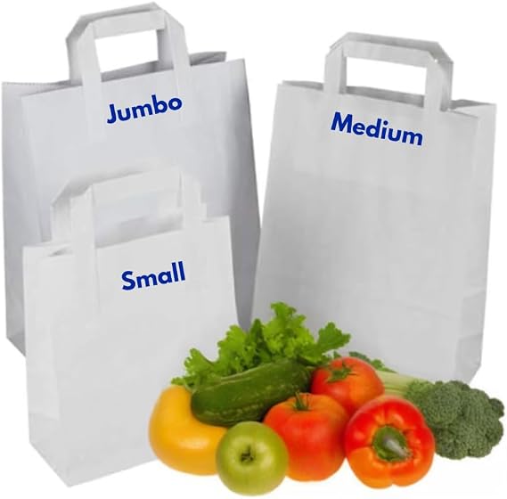 Clearly White SOS Kraft Paper Bags with Handles | 70 GSM -Thickness | SOS Takeaway Lunch Grocery Gift | Take Away Bags for Shopping Store Bakery Restaurants (50, Small)