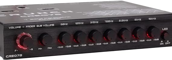 Crunch CREQ7B 7-Band Car Audio Parametric Equalizer with 9-Volt Line Driver, Subwoofer Control, and Dual Aux Inputs, 12 DIN ISO Mount