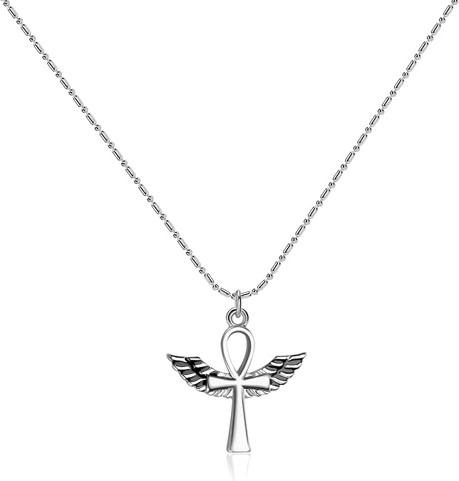 Ankh Cross Necklace for Women,14K Gold Plated Ancient Egyptian Symbol key of Life Ankh Cross with Angel Wings Pendant Necklaces Religious Faith Jewelry Inspirational Amulet Gift