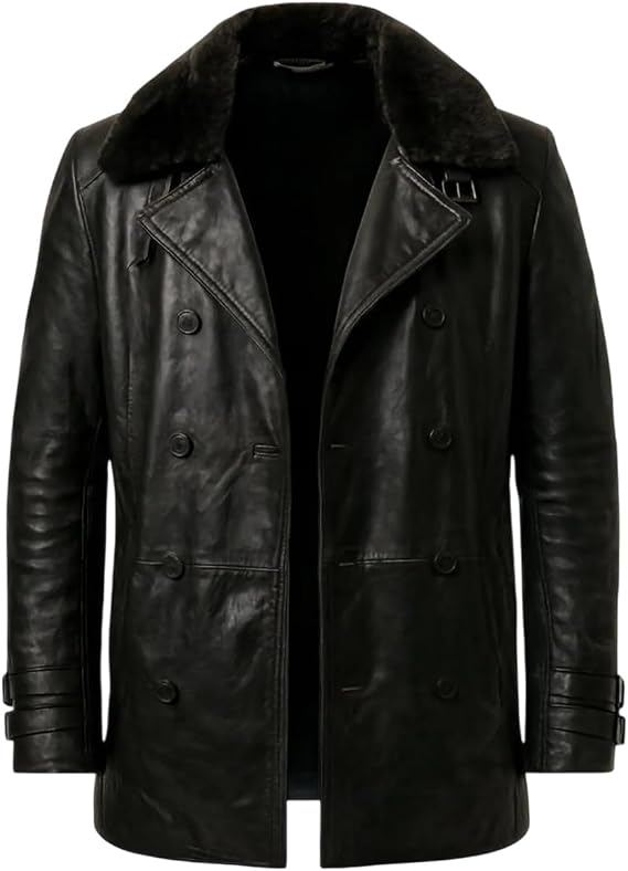 Mens Genuine Leather Black Long Coat RE9 Leon Kennedy Style Double Breasted Jacket with Fur Collar
