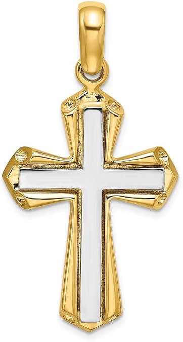14K Yellow Gold with Rhodium-Plated Polished Religious Themed Cross Charm Necklace Pendant with 18" Length Chain