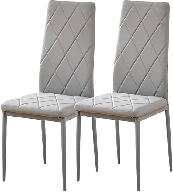 Grey PU Leather Dining Chairs Set of 2 High Back with Metal Legs for Dining Room Kitchen, Side Chairs for Restaurant Office Meeting Home/Commercial (2, Grey Argyle Leather)