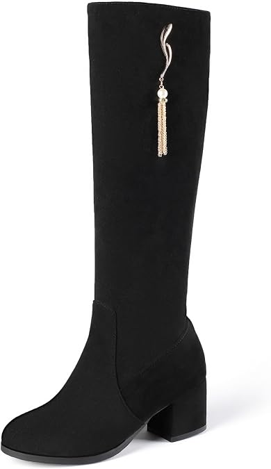UniqueStride Womens Suede Knee High Boots Round Toe Chunky Mid Heel Side Zipper Winter Boots