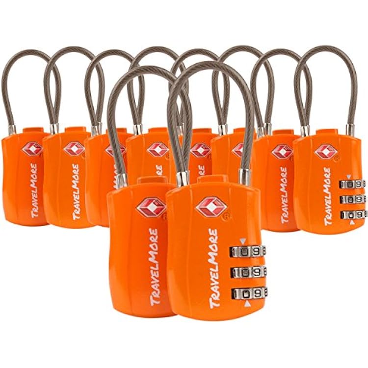 TravelMore 10 Pack TSA Approved Travel Combination Cable Luggage Locks for Suitcases - Orange