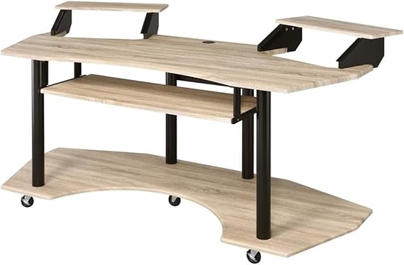 Acme 71" Inch Music Recording Studio Computer Gaming Desk with Wood Storage Keyboard Tray, Wing Shaped & 2 Stands Tray & Botton Shelf Metal Frame, Casters Included, Easy Assembly, Natural Oak Finish