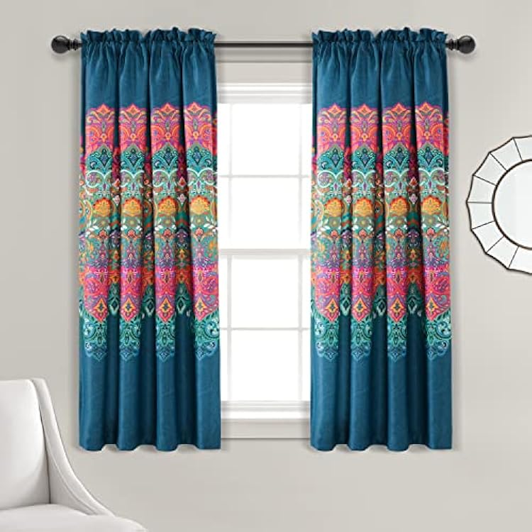 Lush Decor Boho Chic Light Filtering Window Curtain Panels Pair 52 W x 63 L 2 Turquoise & Navy - Colorful Curtains for Living Room - Maximalist Decor