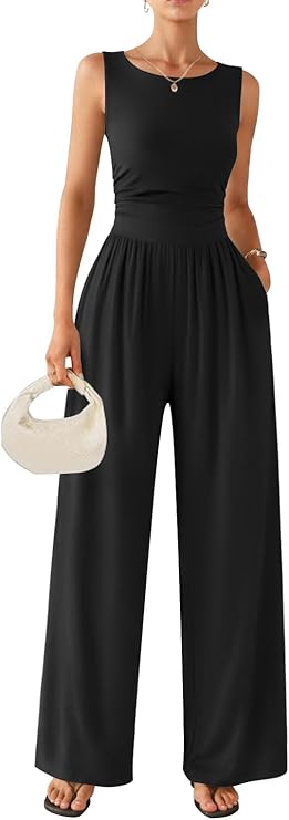 Ekouaer Jumpsuits for Women One Piece Jumpsuit Wide Leg Sleeveless Crewneck Casual Womens Romper Jumpers With Pockets 2026