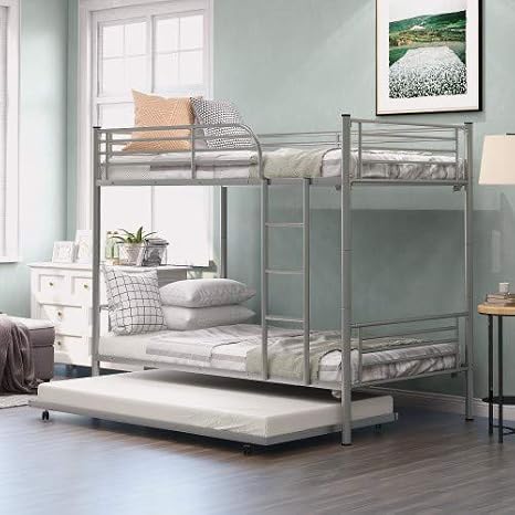 Twin-Over-Twin Metal Bunk Bed with Trundle and Ladders and Safety Guard Rails,Can be Divided into Two beds,No Box Spring Needed (Silver)