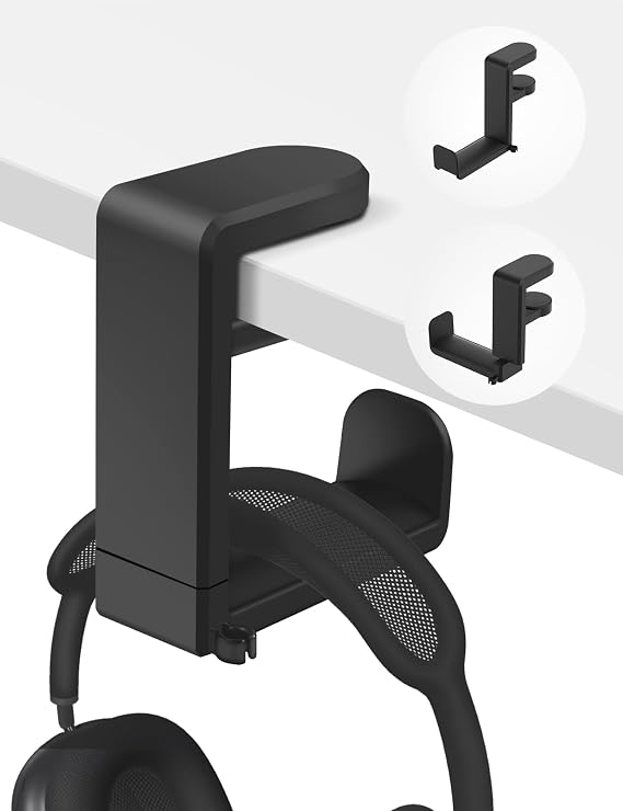 Headphone Hook Under Desk Holder 360-Degree Adjustable Rotation, Black | Fits 0.47-1.57 in desks as headset stand hanger, easy spring clamp, soft rubber pads, built-in loop for cable organizer