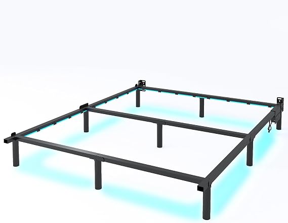 QEROMY Box Spring Full Bed Frame 7" Metal Bed Frame with LED Light 9 Legs Support Bed Base, No Tools Required, Easy Assembly