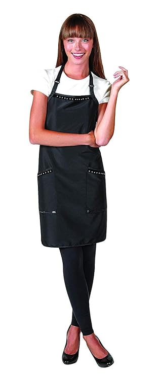 Betty Dain Glitz Salon Stylist Apron, Stylish, Lightweight, Versatile Color with Rhinestone Accents, Wrinkle Free Poly Nylon for Durability, Bottom Zipper Pockets, Adjustable Neck Closure, Black