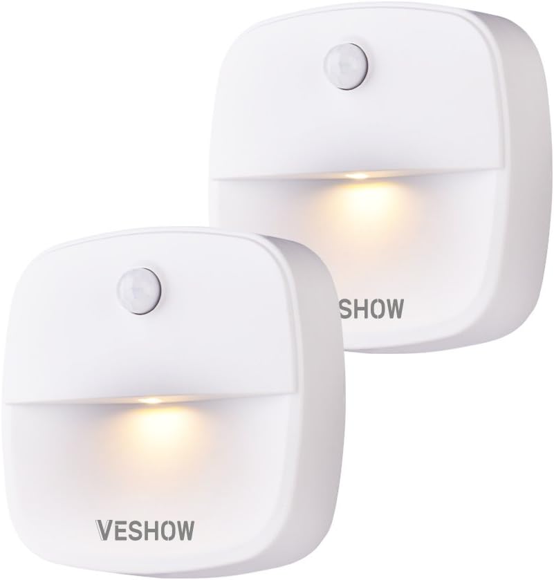 VESHOW Stick-On Night Light, Motion Sensor Night Light, Warm White LED, Bedroom, Closet, Kitchen, Hallway, Stairs, Energy Efficient, Compact, 2-pack