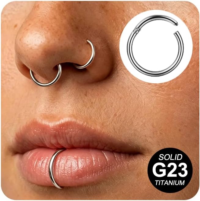 AVYRING 2PCS G23 Solid Titanium Nose Ring 20G 18G 16G Hinged Nose Hoops Clicker Rings for Women Men Cartilage Helix Tragus Conch Labret Septum Piercing Jewellery 6mm 8mm 10mm 12mm