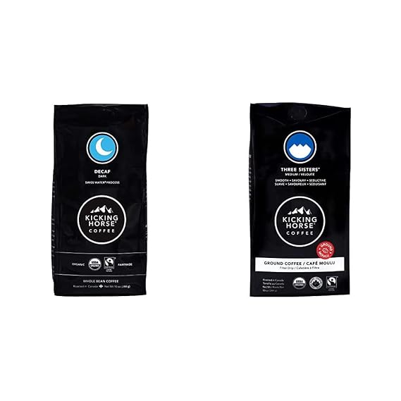 Kicking Horse Coffee Decaf Dark Roast Whole Bean and Three Sisters Kicking Horse Coffee Medium Roast Ground Coffee Bundle (10 oz)