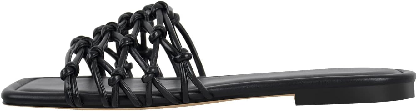 Braided Flat Slide Sandals Square Open Toe Woven Strap Slide Sandals