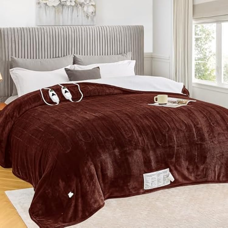 greenoak Heated Blanket Electric King Size 100X90 Dual Control, Heating Blankets with 10 Levels 8 Hours Auto-Off, Soft Flannel Sherpa Fluffy House Warming Gifts for Grandma Seniors Mom, Mocha