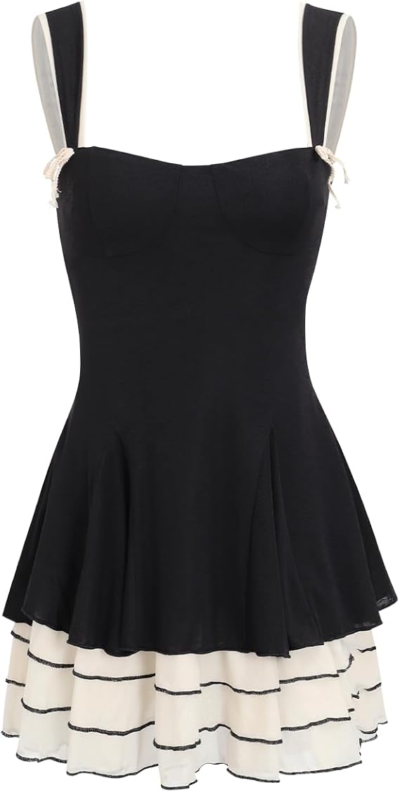 RIHOAS Women Dress Thick Strap Bodycon Umbrella Stretchy A Line High Waist Pleated Dress Clubwear Casual