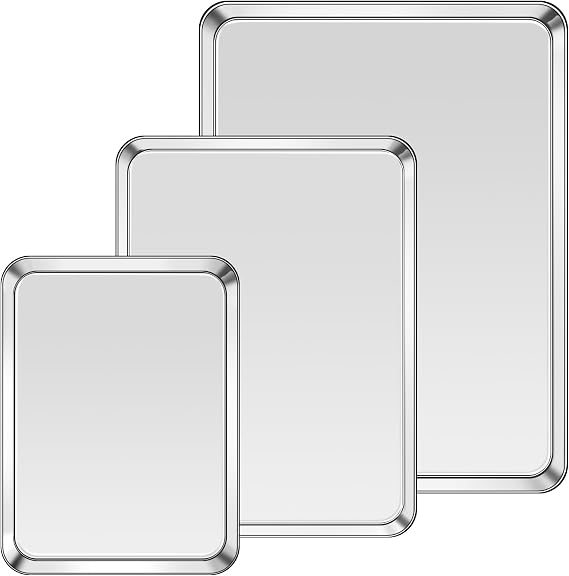 Set of 3 Baking Trays Stainless Steel Cake Tray Rectangular Baking Mould Cake Tray for Baking Cooking Roasting Serving 3 Sizes 17.7 x 23.7 cm / 24.5 x 31 cm / 30.5 x 40 cm Rustproof