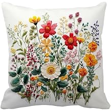 Leaveland Wildflower Faux Embroidery Print 18x18 Inch Throw Pillow Cover Boho Floral Embroidered Pattern Decorative Cushion Case Spring Summer Christmas Home Room Decor Mom Her Gift Flower Pillowcase