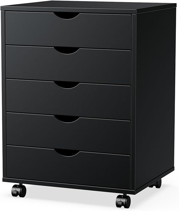 Elevon 5 Drawer Chest, Dressers Storage Cabinets Wooden Dresser Mobile Cabinet with Wheels Room Organizer, Small Drawers Wood Organization Furniture for Office, Home,Black