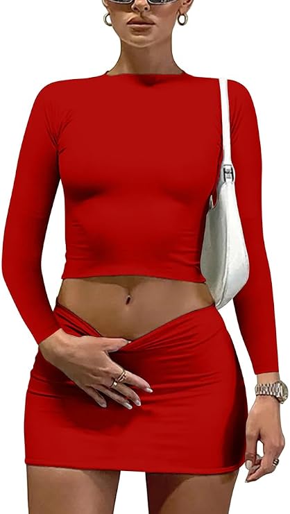 LAGSHIAN Women 2 Piece Long Sleeve Crop Top Bodycon Mini Dress