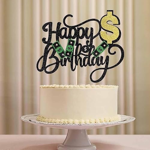 Dollar Happy Birthday Cake Toppers, Money Cake Topper Decorations for Women Men Birthday Party, Dollar Theme Party Decor Supplies black-2