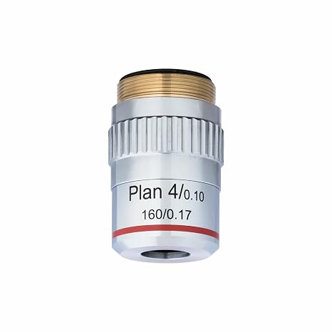 AmScope PA4XK-V300 4X Plan Achromatic Objective Lens with Knurled Ring | DIN Standard RMS 20.32mm Thread 160mm Finite Tube Length Compatible Numerical Aperture 0.10 Plan Achromatic