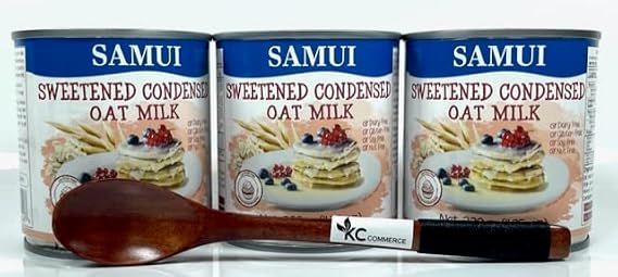 Samui Sweetened Condensed Oat Milk Dairy. Gluten Free, and Lactose Free Product of Thailand. 11.25oz Combo With KC Commerce Wooden Spoon.(3)