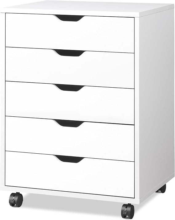 DEVAISE Rolling Container with 5 Drawers Mobile Filing Cabinet with Wheels Desk Base Cabinet for Office and Home Office White