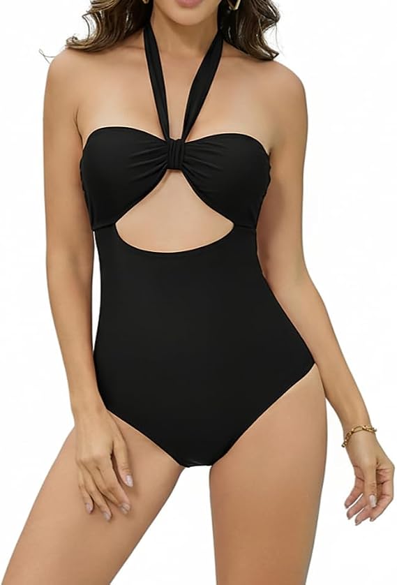 Cromi Women's Halter One Piece Swimsuit with Cutout | Tummy control slimming, Removable padded cups, Quick-dry fabric,Beach & pool vacation