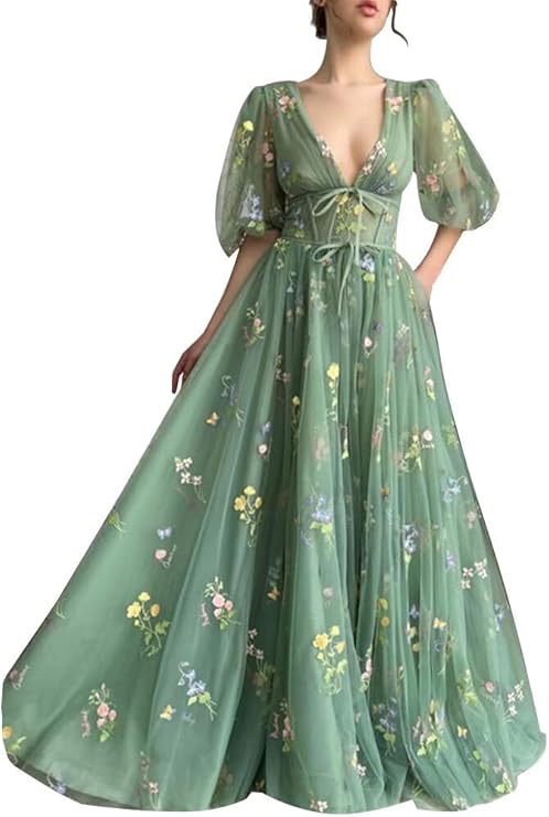 Yuxin Prom Dresses for Women 2024 Puffy Sleeve Flower Embroidery Tulle Formal Gowns Homecoming Dresses