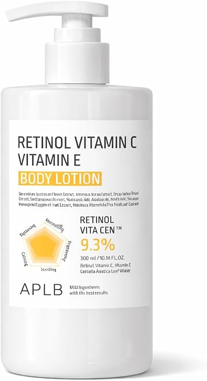 Retinol Vitamin C Vitamin E Body Lotion 300ml – Brightening & Firming Moisturiser with Centella Asiatica – Anti-Aging, Smoothing & Hydrating Body Cream for Dull & Dry Skin