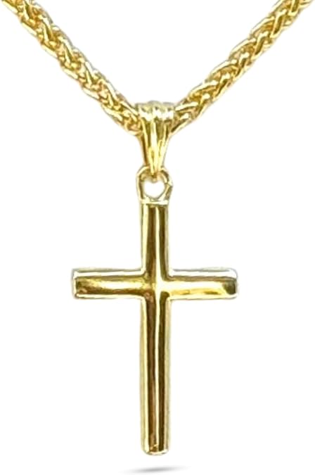 14K Solid Gold Small Cross Necklace with 2mm Wheat Chain 20" | Unisex