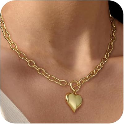 JIKASI 18K Gold Plated Necklace for Women, Heart Pendant Necklace Chunky Paperclip Choker Necklace for Gifts on Birthday Holidays Jewelry for Women