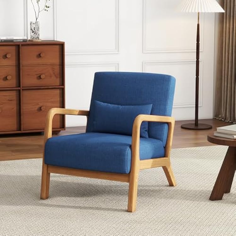 UIXE Modern Accent Chair, Fabric Upholstered Armchair with Lumbar Pillow for Living Room, Comfy Wooden Arm Chair Single Sofa Bedroom Reading Seat - Dark Blue, Set of 1