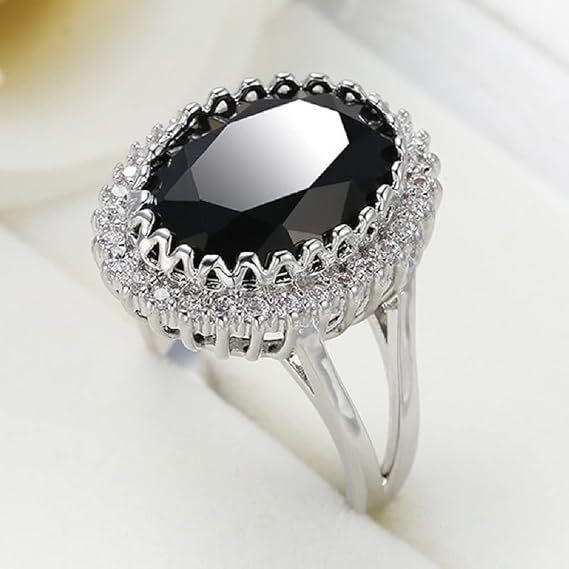 925 Sterling Silver Women'S Fashion Shiny Diamond Ring 3d Cut Oval Black Diamond Zircon Ring Romantic Cocktail Gem Ring Wedding Engagement Jewelry (O)